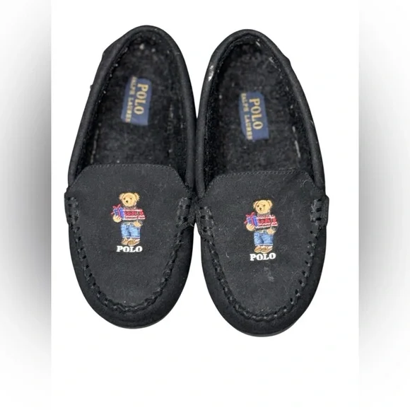 Polo by Ralph Lauren Black Moccasins Kids House Slippers with Bear Design - Picture 2 of 9